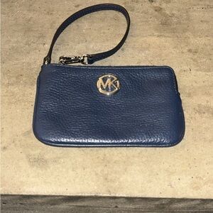 Michael Kors Blue Pebbled Leather Wristlet with Gold MK Emblem